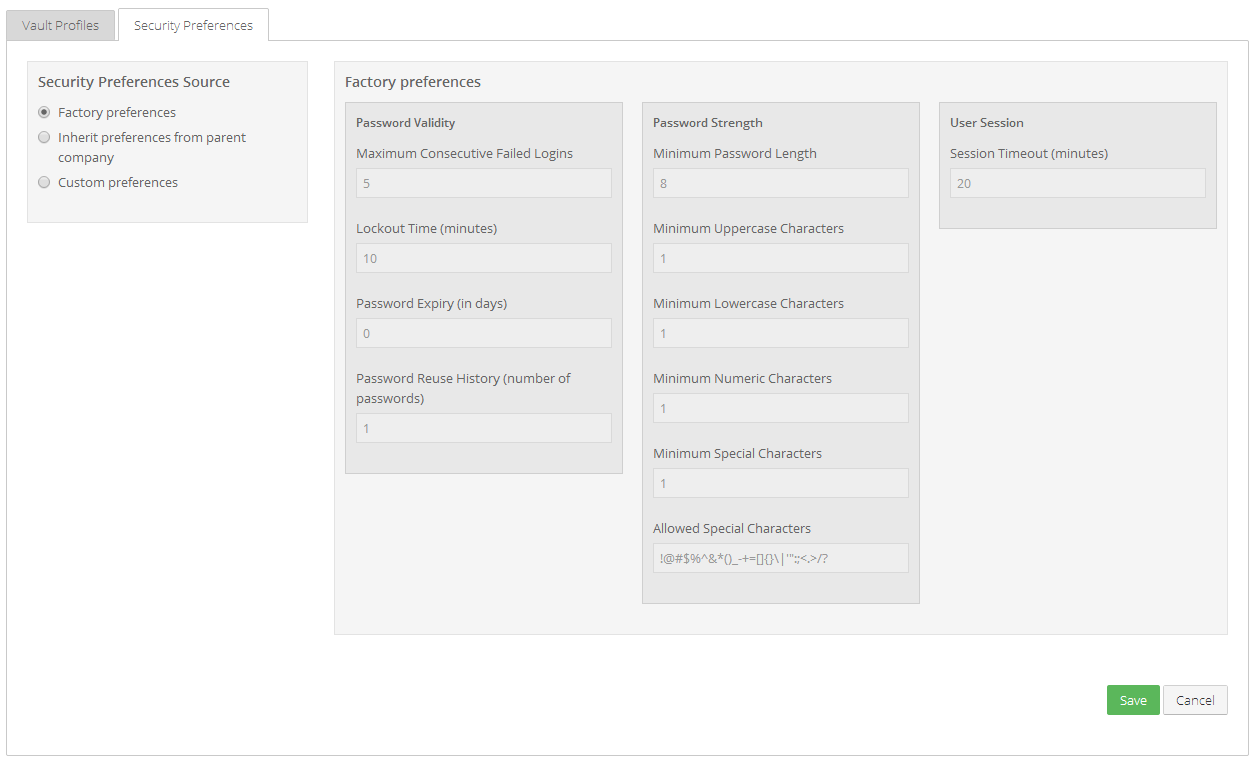 Security Preferences tab