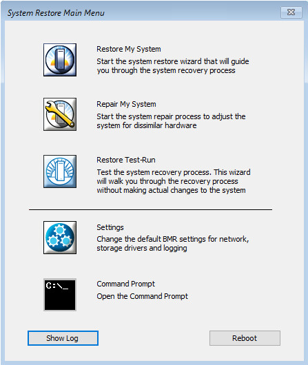 System Restore main menu