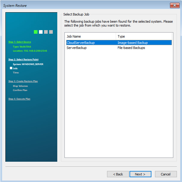 Select Backup Job page
