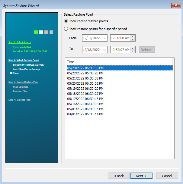 Select Restore Point page
