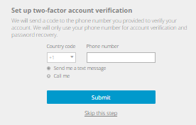 Set up two-factor account verification page