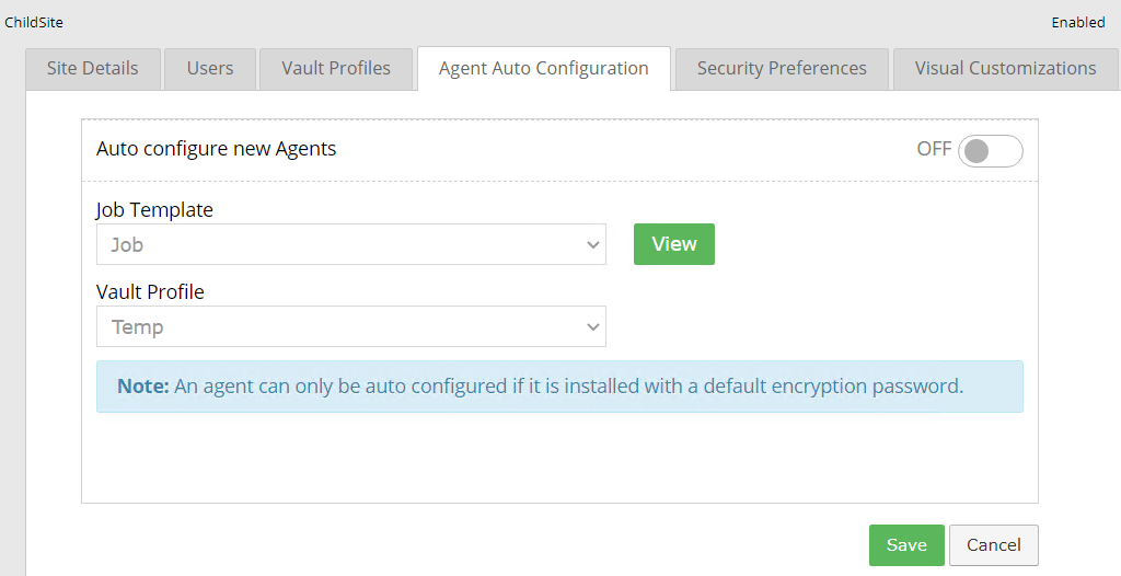 Agent Auto Configuration tab