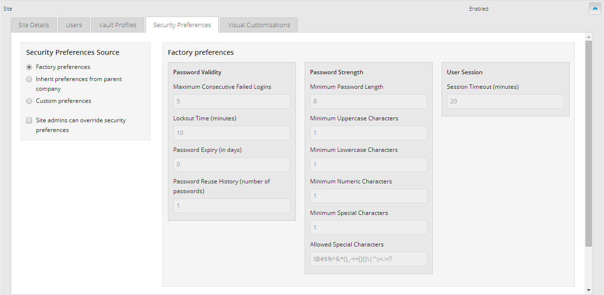 Security Preferences tab
