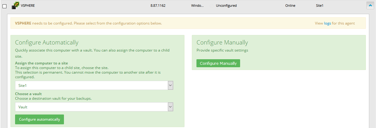 Configure Automatically and Configure Manually boxes